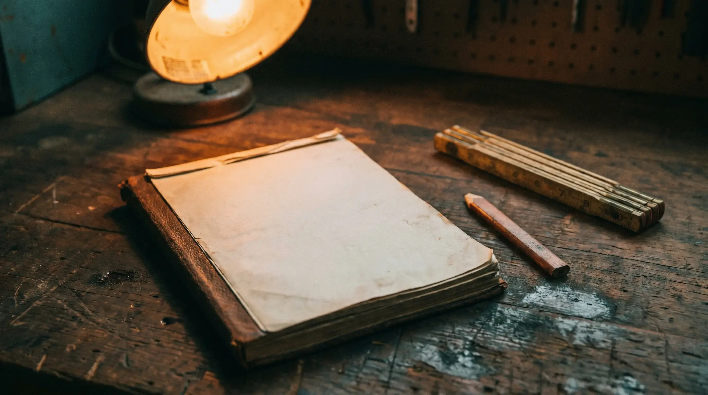 A worn jobs ledger and pencil on a workshop bench